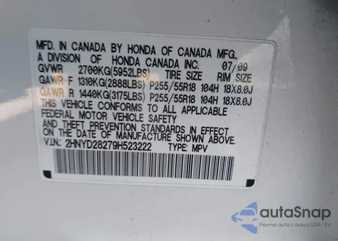 2009 Acura Mdx from USA, damaged, VIN 2HNYD28279H523222